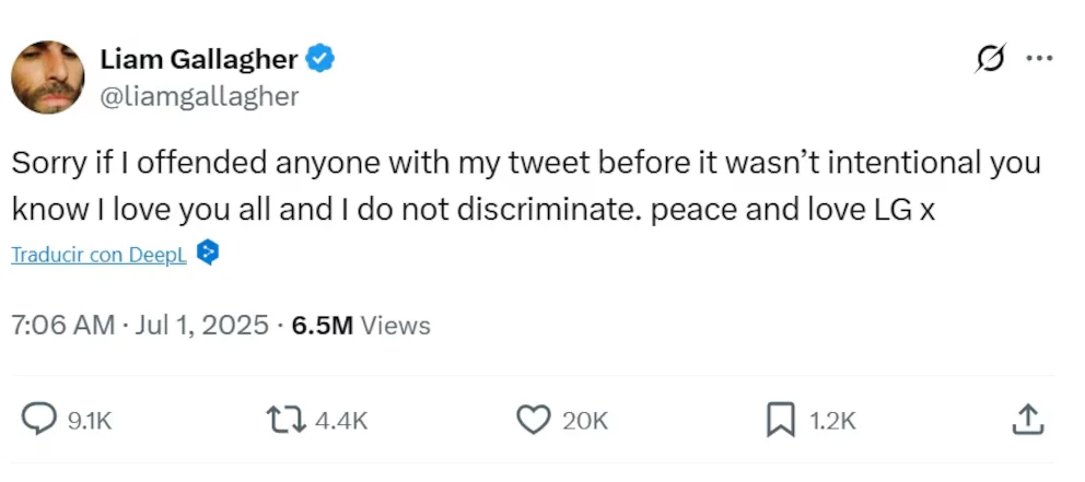 Liam Gallagher desata furia por comentario racista: “Me da igual” 