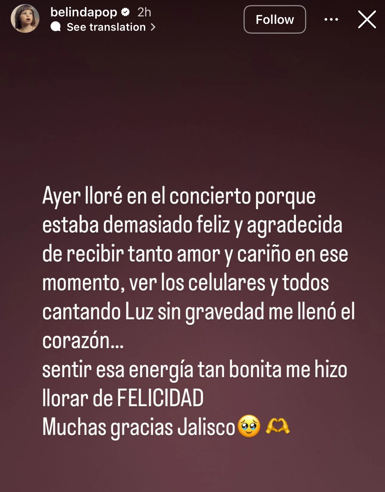 Belinda llora conmovida durante concierto en Guadalajara