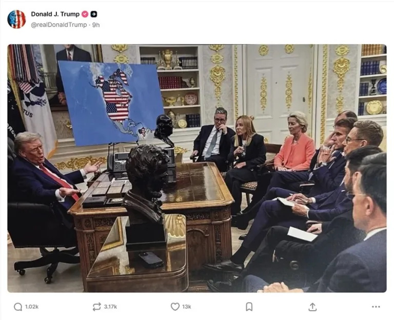 Venezuela, Canadá y Groenlandia aparecen como territorios estadounidenses en una imagen con IA difundida por Trump