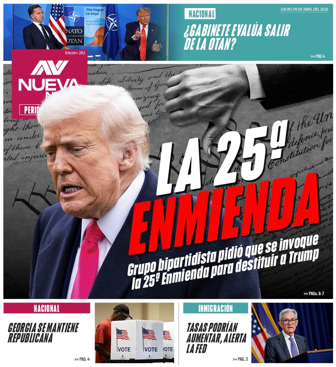 EN PORTADA: LA 25ª ENMIENDA Grupo bipartidista pidió que se invoque la 25ª Enmienda para destituir a Trump