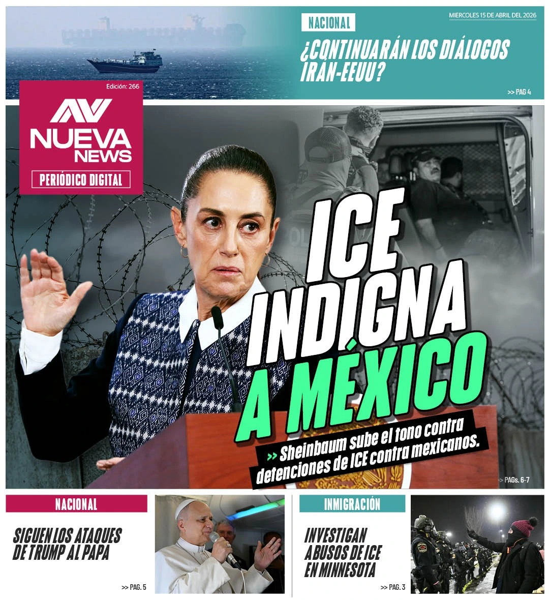 EN PORTADA: ICE INDIGNA A MÉXICO Sheinbaum sube el tono contra detenciones de ICE contra mexicanos