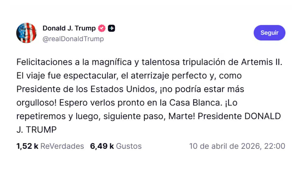 "Siguiente paso, Marte": Trump felicita a la tripulación de Artemis II