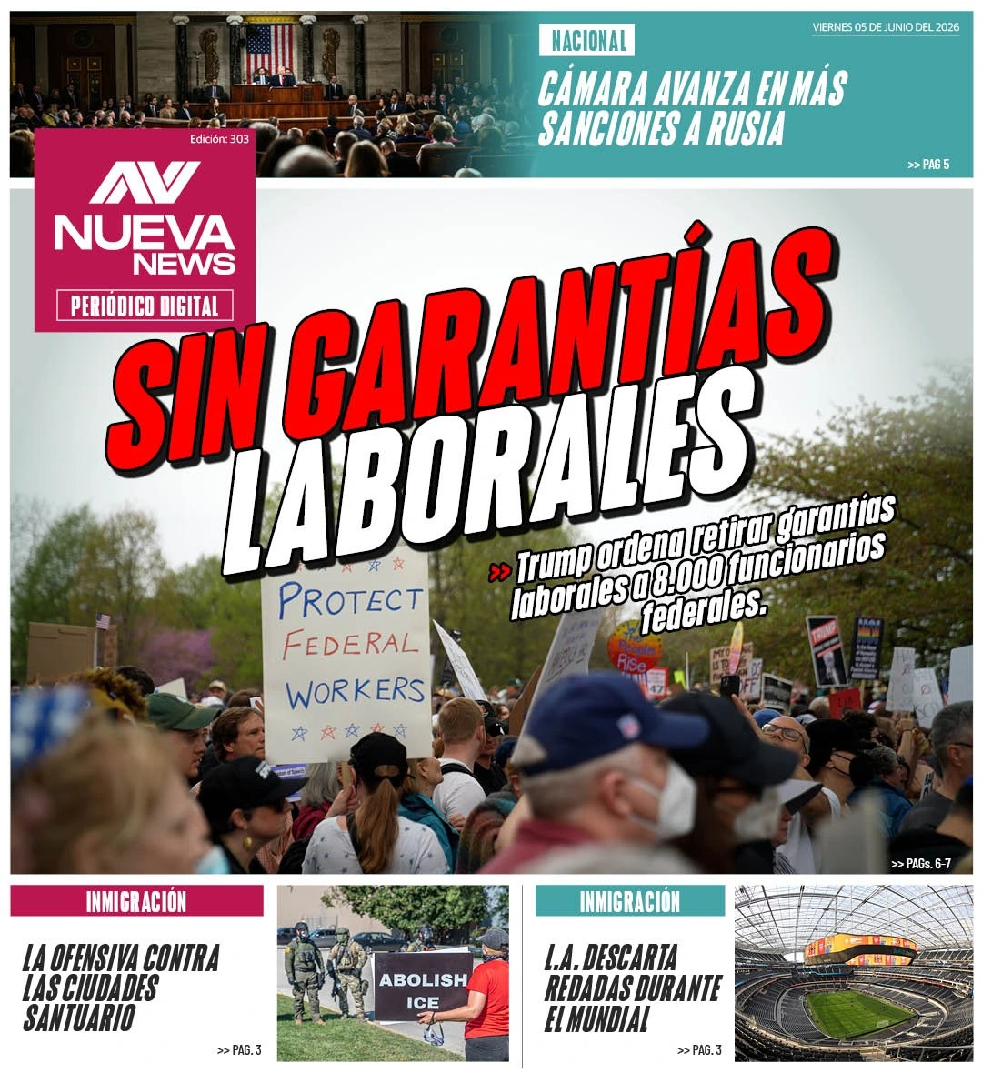 EN PORTADA: SIN GARANTÍAS LABORALES Trump ordena retirar garantías laborales a 8.000 funcionarios federales.