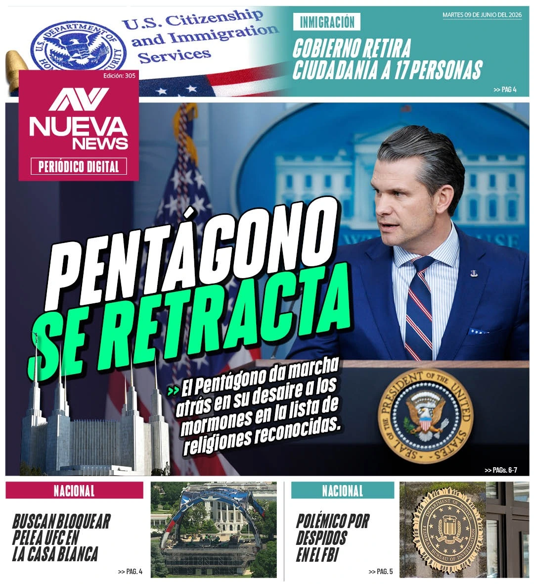 EN PORTADA: PENTÁGONO SE RETRACTA El Pentágono da marcha atrás en su desaire a los mormones en la lista de religiones reconocidas.