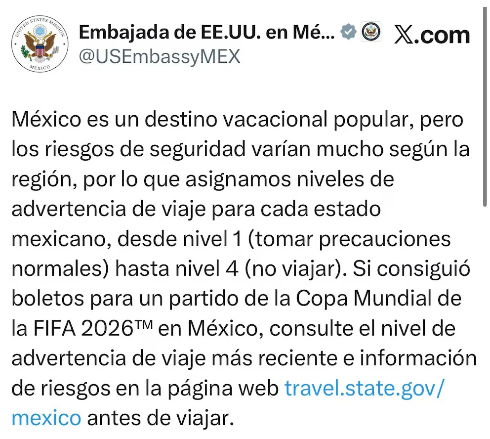 Mundial 2026: USA alerta riesgo de terrorismo en México